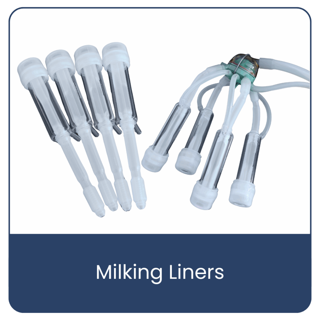 Blue and white button showing a group of four Silclear silicone milking liners in shells, alongside a claw piece that also includes silicone liners and shells in their working arrangement. The button is labelled "Milking Liners"