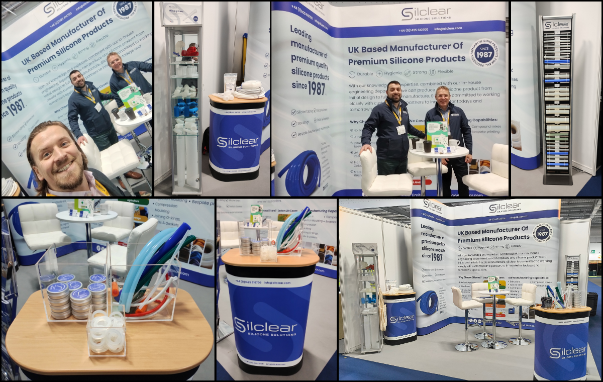 Collage of photographs from Silclear's time exhibiting at Southern Manufacturing & Electronics 2025, featuring - A selfie of Carl Terry and Ian in front of the Silclear exhibition stand, an image of the Silclear custom silicone products on display in a glass display cabinet, Directors Terry and Ian in front of the Silclear stand, a display of Siliclear's silicone tubing offering in various colours and sizes, the free giveaways on the Silclear exhibition stand (including the very popular reusable silicone straws) and a shot of the Silclear silicone solutions professional blue and grey corner exhibition stand before the crowds at Southern Manufacturing & Electronics 2025.