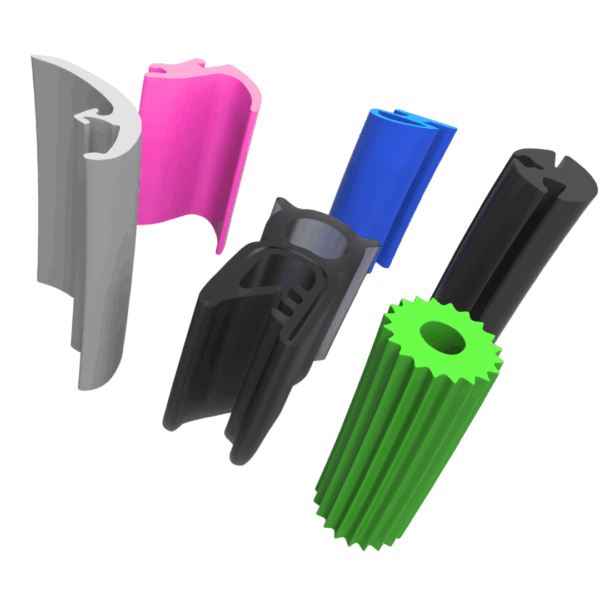 A computer-generated image of short silicone extrusions in a variety of shapes and colours including black, grey, green, blue and pink.