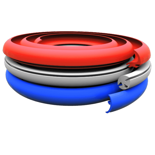 A computer-generated image of three coiled silicone extrusions stacked in red, white and blue.