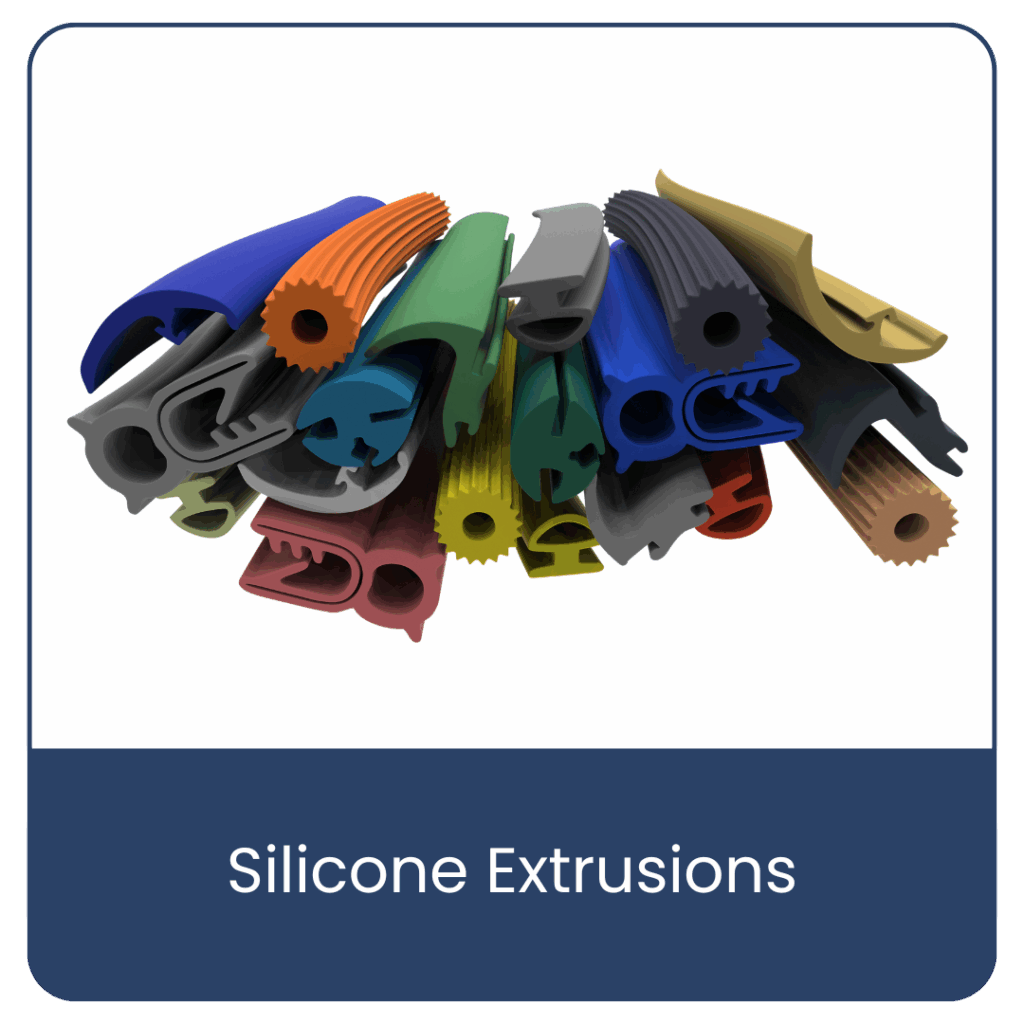 Blue and white button showing a variety of silicone extrusion profiles in various different shapes and colours. The button is labelled "Silicone Extrusions"