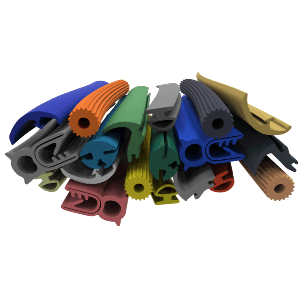 A computer-generated image showing a variety of silicone extrusion profiles in various shapes, sizes and colours.