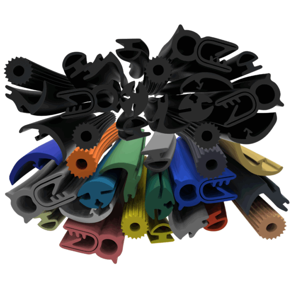 A computer-generated image showing a variety of silicone extrusion profiles in various shapes, sizes and colours, including various profiles available in black.