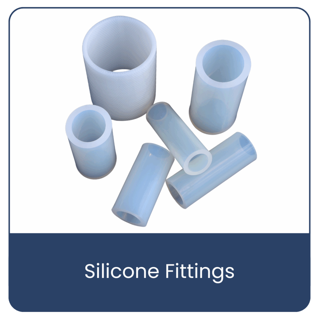 Blue and white button showing a variety of silicone fittings and connectors in white. The button is labelled "Silicone Fittings"