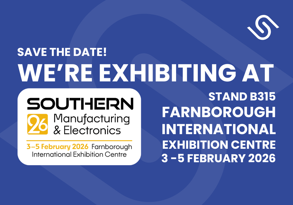 A light blue background with faded Silclear S logo, and solid Silclear S logo in the top right hand corner. The text reads - save the date! WE’RE EXHIBITING AT Southern Manufacturing & Electronics 2026 Stand B315 Farnborough International Exhibition Centre 3 -5 February 2026 with a logo for Southern Manufacturing & Electronics 2026