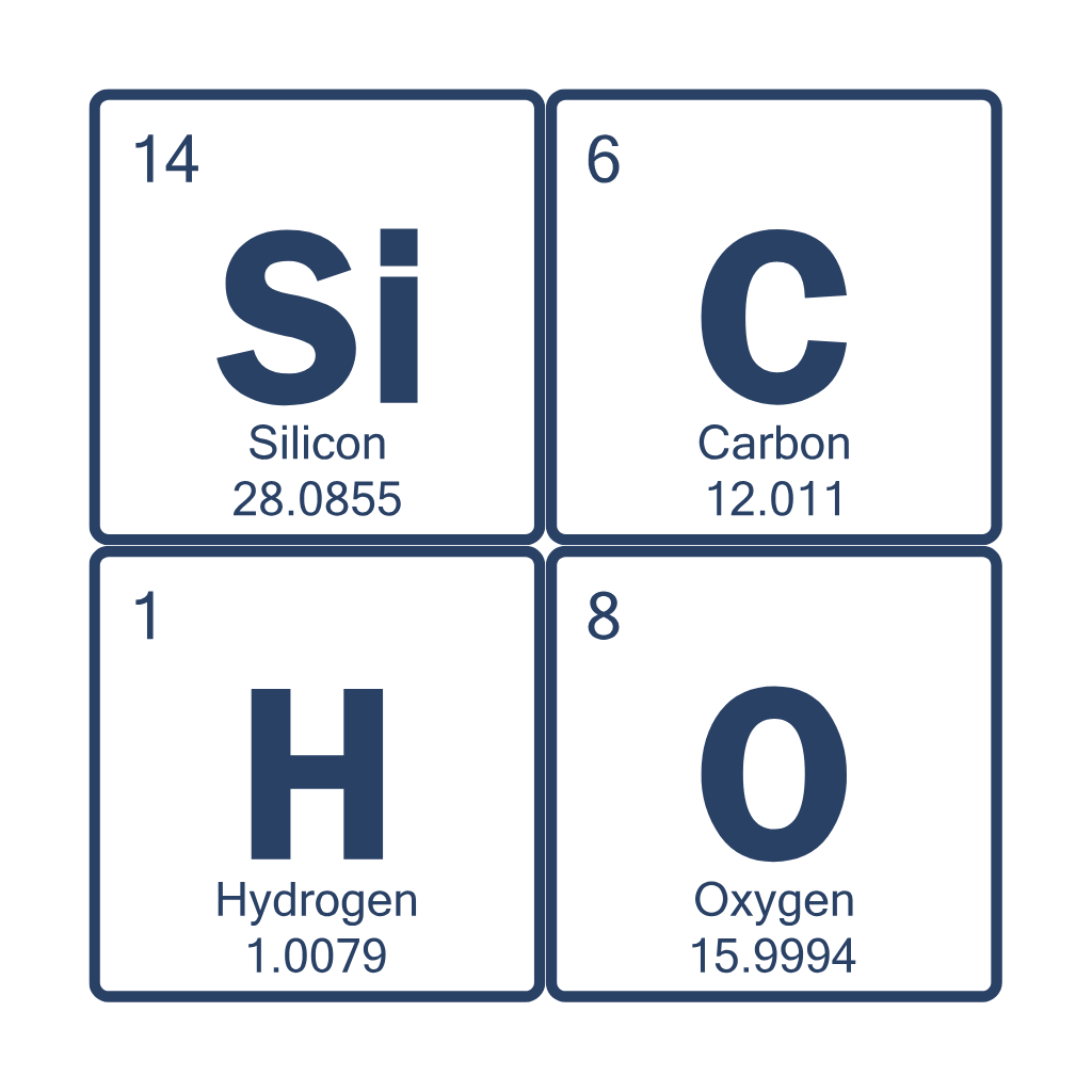What is Silicone? Four squares including the chemical symbols for Silicon, Carbon, Hydrogen and Oxygen -